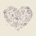 Vector background with beet root illustration Hand drawn heart shape food image